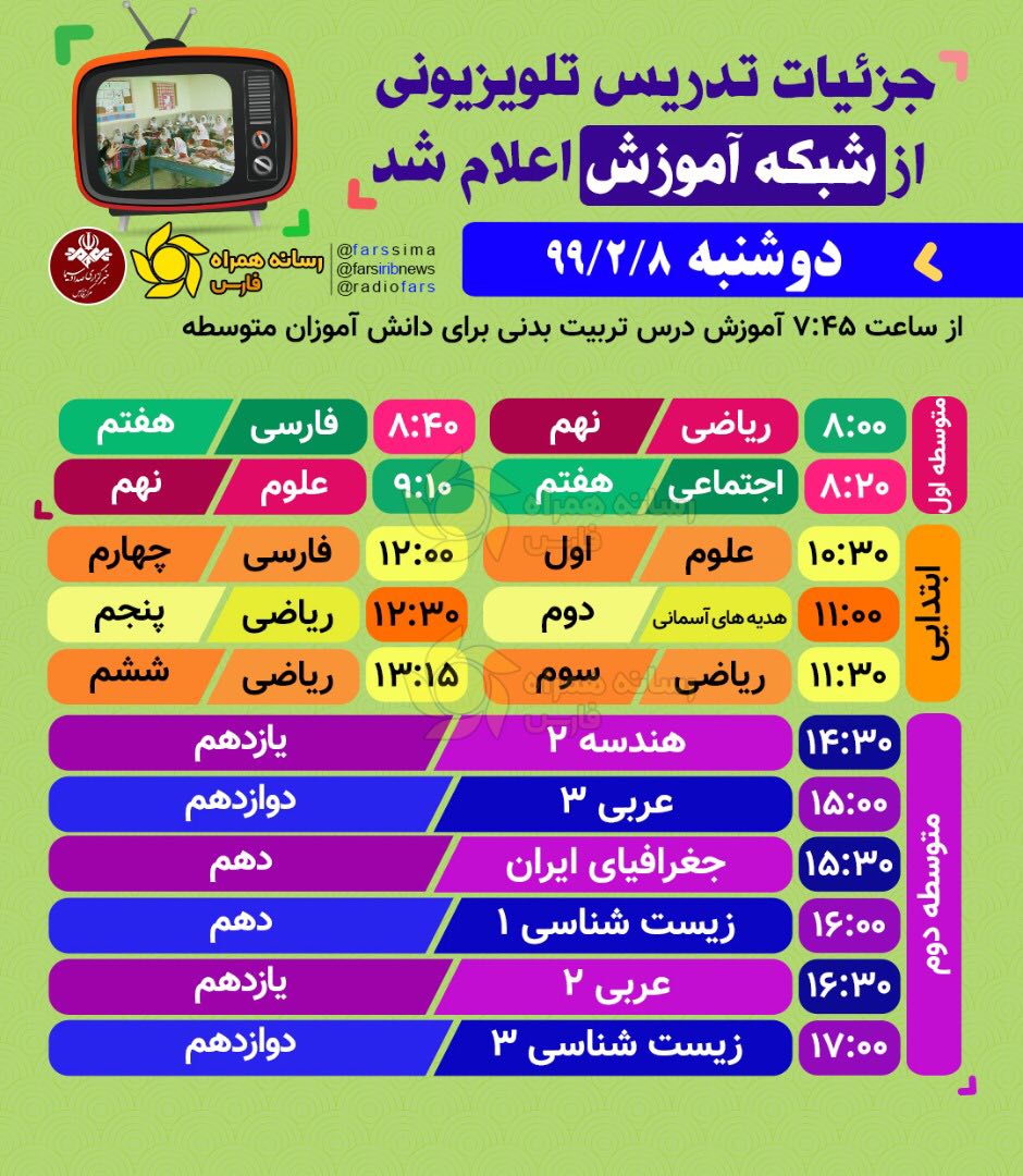 برنامه&zwnj;های امروز مدرسه تلویزیونی