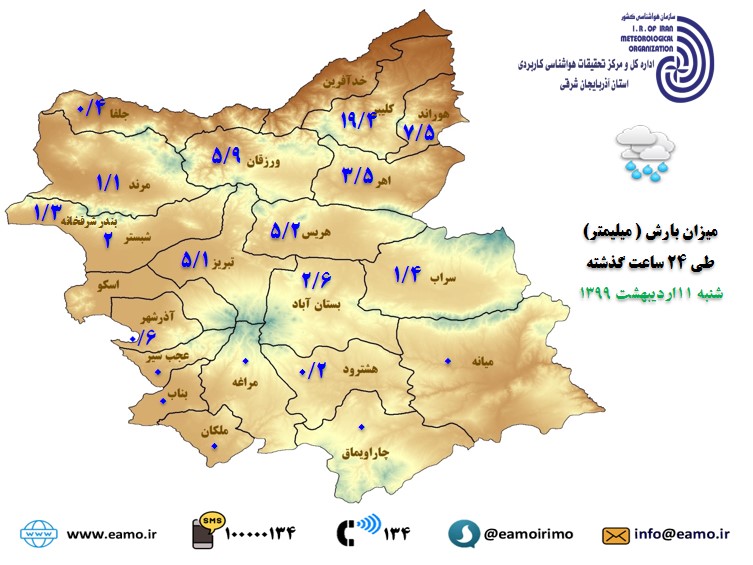 بارش باران و تگرگ در مناطق مختلف آذربایجان شرقی