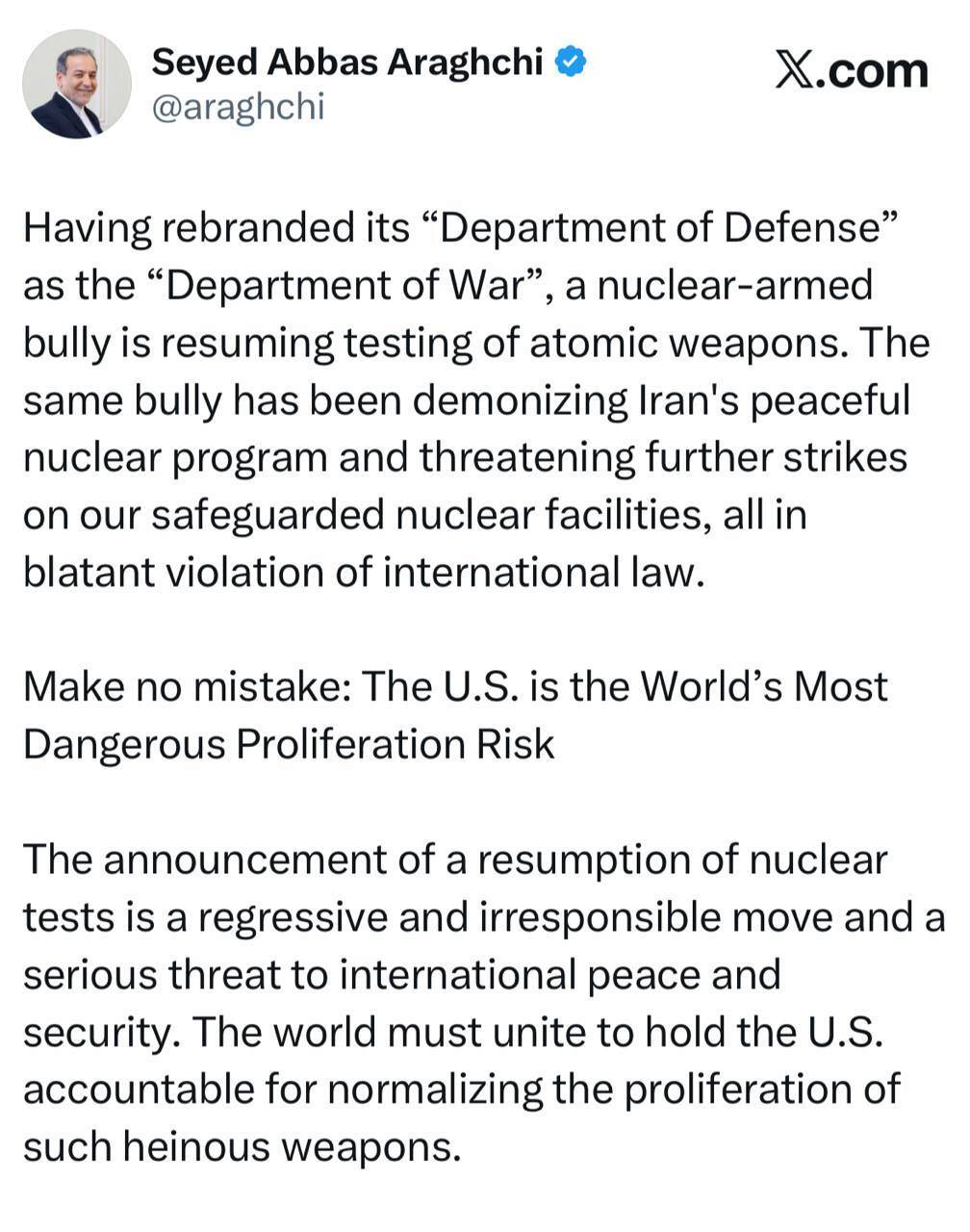 واکنش عراقچی به دستور ترامپ به از سرگیری آزمایش سلاحهای هستهای واکنش عراقچی به دستور ترامپ به از سرگیری آزمایش سلاحهای هستهای