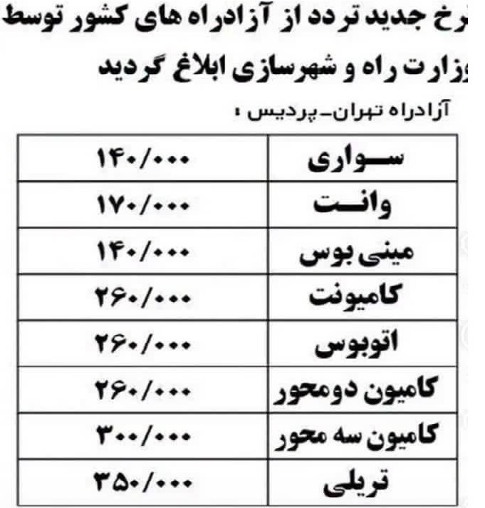نرخ جدید عوارض آزادراه  تهران  - پردیس از امروز اعمال شد.