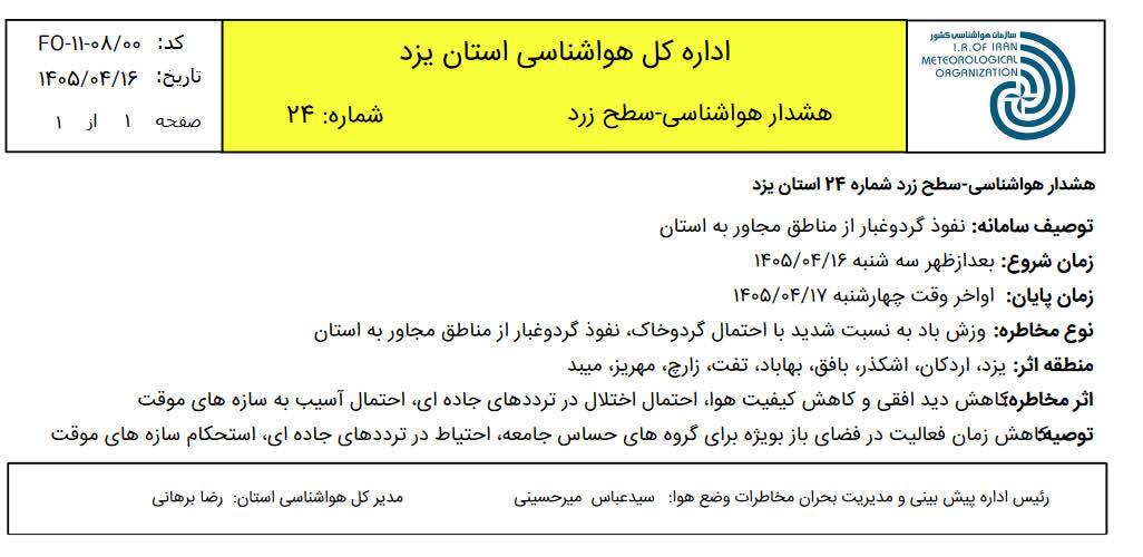 هشدار هواشناسی سطح زرد در استان یزد هشدار هواشناسی سطح زرد در استان یزد